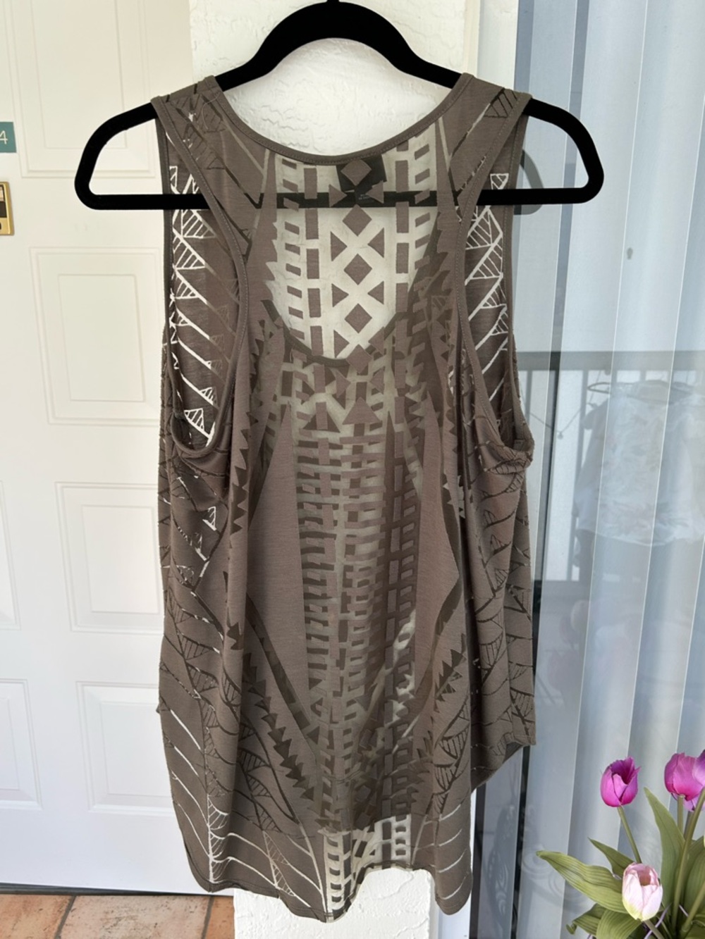 Brown Layered Tank with Light Blue Geometric Cutwork